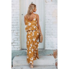 Chic Summer Boho Floral Maxi Dress in Mustard