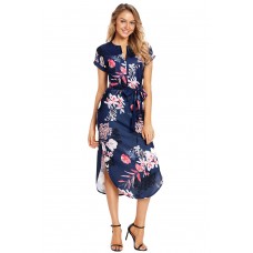 Navy Pink Floral Print Pencil Dress