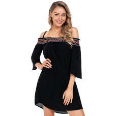 Black Off Shoulder Embroidered Neckline Boho Beach Dress