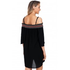 Black Off Shoulder Embroidered Neckline Boho Beach Dress