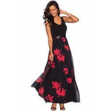 Black & Red Floral Mesh Skirt Sleeveless Maxi Dress