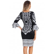 Vintage Floral Print Flare Sleeve Bodycon Dress