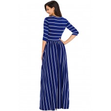 Navy White Striped Casual Pocket Style Maxi Dress