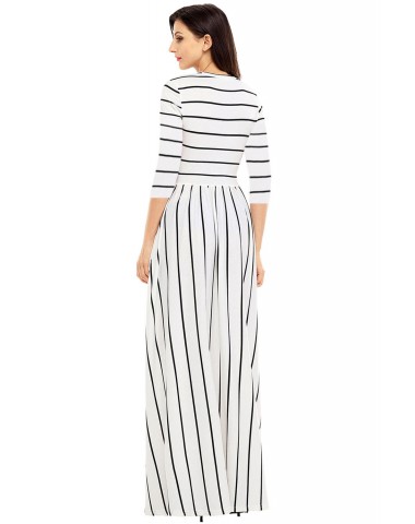 White Black Striped Casual Pocket Style Maxi Dress