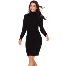 Black Cable Knit High Neck Sweater Dress