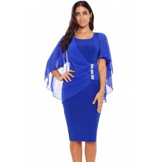 Blue Waist Pleats Rhinestone Detail Midi Dress