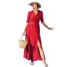 Red Polka Dot Button Down Maxi Shirt Dress