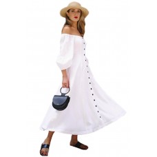 White Off Shoulder Puff Sleeve Button Front Vintage Dress