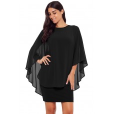 Black Slinky Sexy Gauze Cape Mini Dress