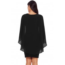 Black Slinky Sexy Gauze Cape Mini Dress