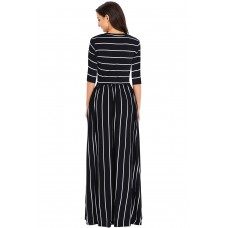 Black White Striped Casual Pocket Style Maxi Dress