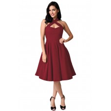 Burgundy Cross Halter Vintage Flare Dress