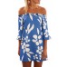 Blue Off Shoulder Floral Print Boho Dress