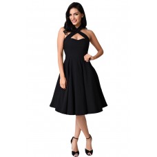 Black Cross Halter Vintage Flare Dress