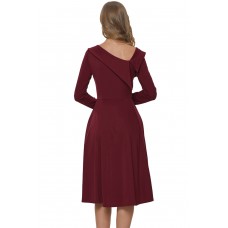 Burgundy Retro Inspired Asymmetric Collar Flared Dress