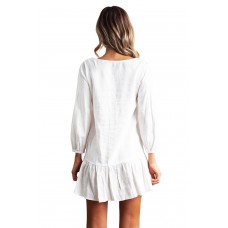 Sleeved Button Down White Casual Short Dress