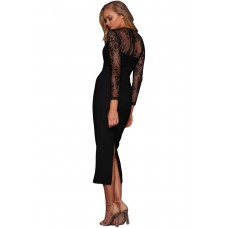 Black Lace Splice Bodycon Midi Dress