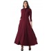 Burgundy Pocketed 3/4 Sleeves Tie Neck Maxi Dress