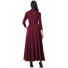 Burgundy Pocketed 3/4 Sleeves Tie Neck Maxi Dress