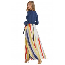 Blue Long Sleeve Yellowish Striped Skirt Maxi Dress