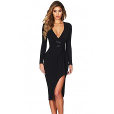 Black Faux Wrap V Neck Long Sleeve Midi Dress