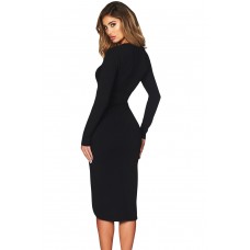 Black Faux Wrap V Neck Long Sleeve Midi Dress