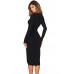 Black Faux Wrap V Neck Long Sleeve Midi Dress