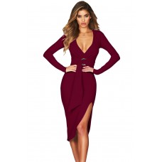 Burgundy Faux Wrap V Neck Long Sleeve Midi Dress