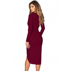 Burgundy Faux Wrap V Neck Long Sleeve Midi Dress