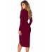 Burgundy Faux Wrap V Neck Long Sleeve Midi Dress