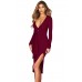 Burgundy Faux Wrap V Neck Long Sleeve Midi Dress