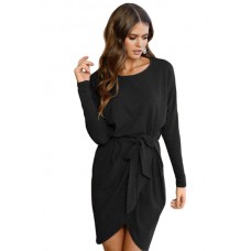 Black Casual Tie Waist Long Sleeve Mini Dress