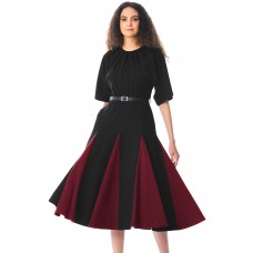 Black Burgundy Godet Colorblock A-line Midi Dress