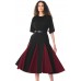 Black Burgundy Godet Colorblock A-line Midi Dress