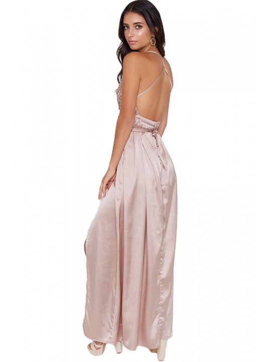 Apricot Sequined Silky Maxi Party Dress