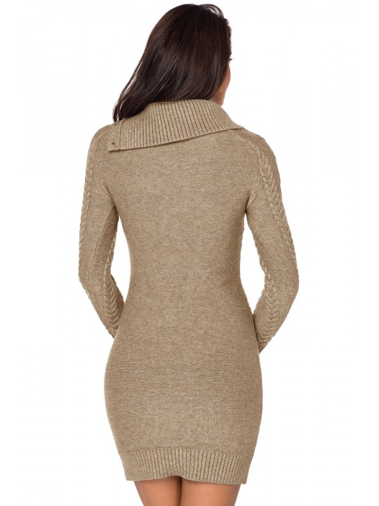 Asymmetric Buttoned Collar Apricot Bodycon Sweater Dress