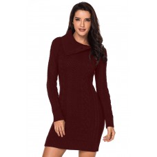 Asymmetric Buttoned Collar Burgundy Bodycon Sweater Dress