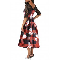 Vintage Snowman Plaid Christmas Print Flared Dress